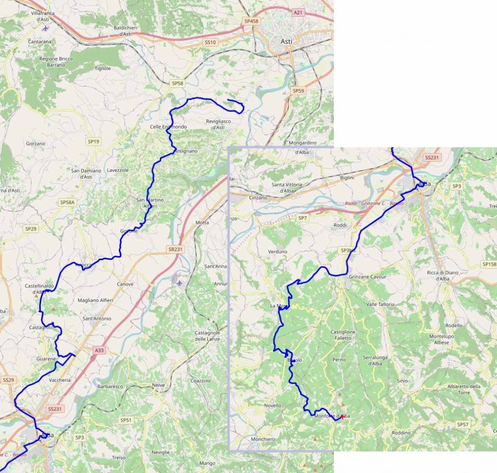Radtour im Piemont von Asti nach Monforte Karte gross